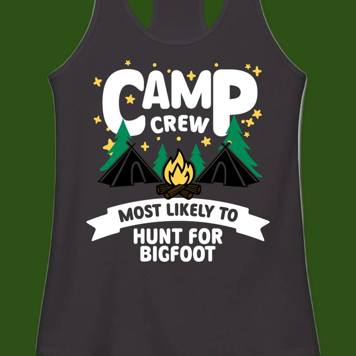 Camp crew bigfoot hunt design with teepees, campfire, pine trees, and stars on gray background