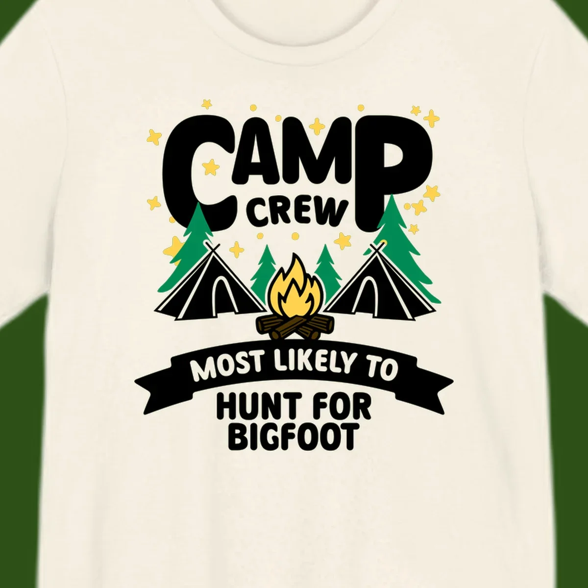 Camp crew bigfoot hunt design with teepees, campfire, pine trees, and stars on gray background