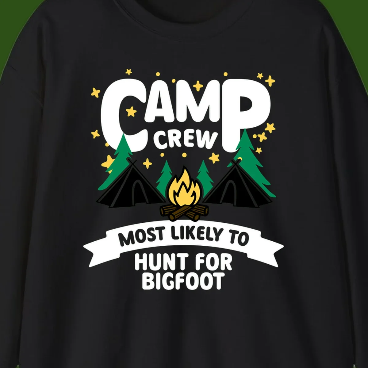 Camp crew bigfoot hunt design with teepees, campfire, pine trees, and stars on gray background