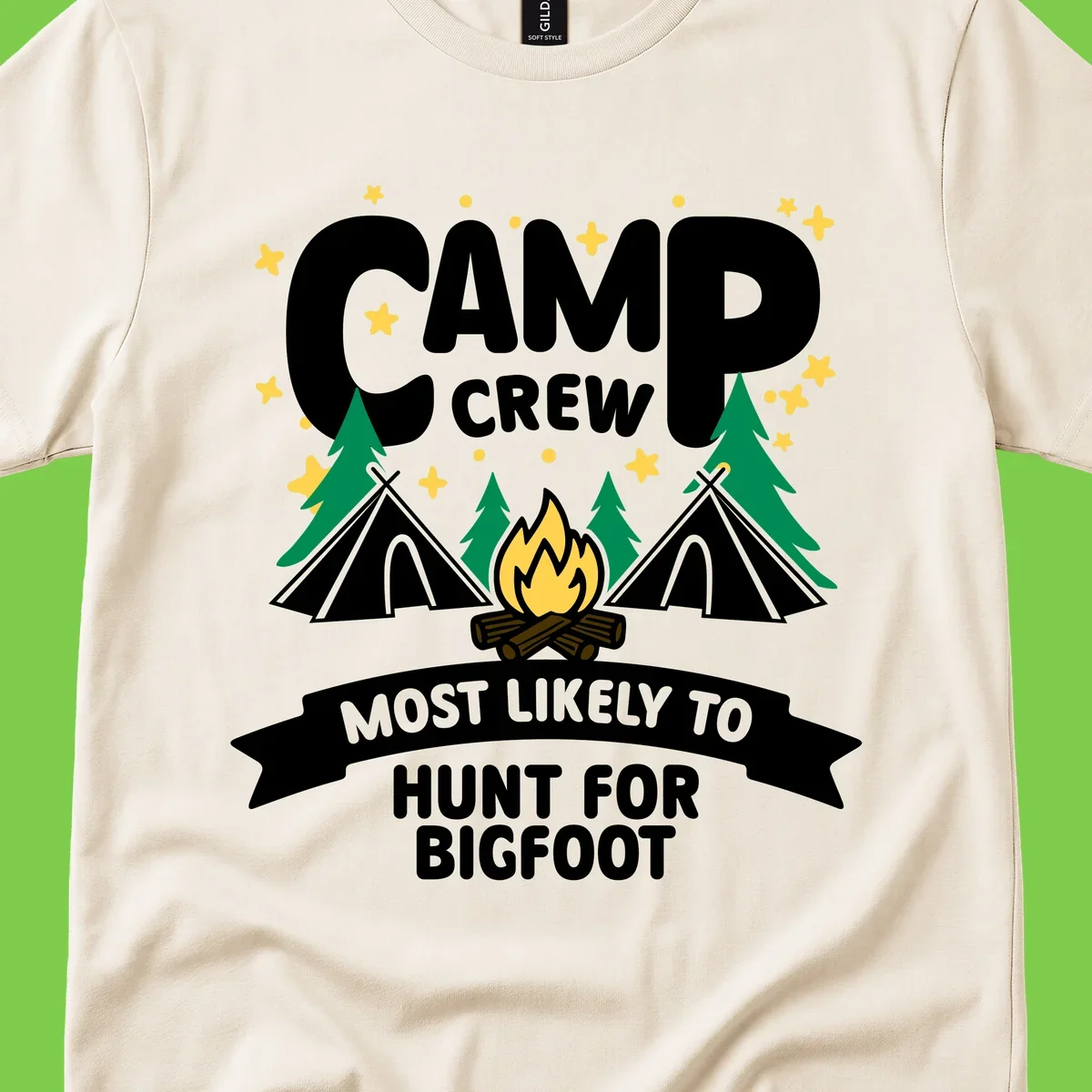 Camp crew bigfoot hunt design with teepees, campfire, pine trees, and stars on gray background