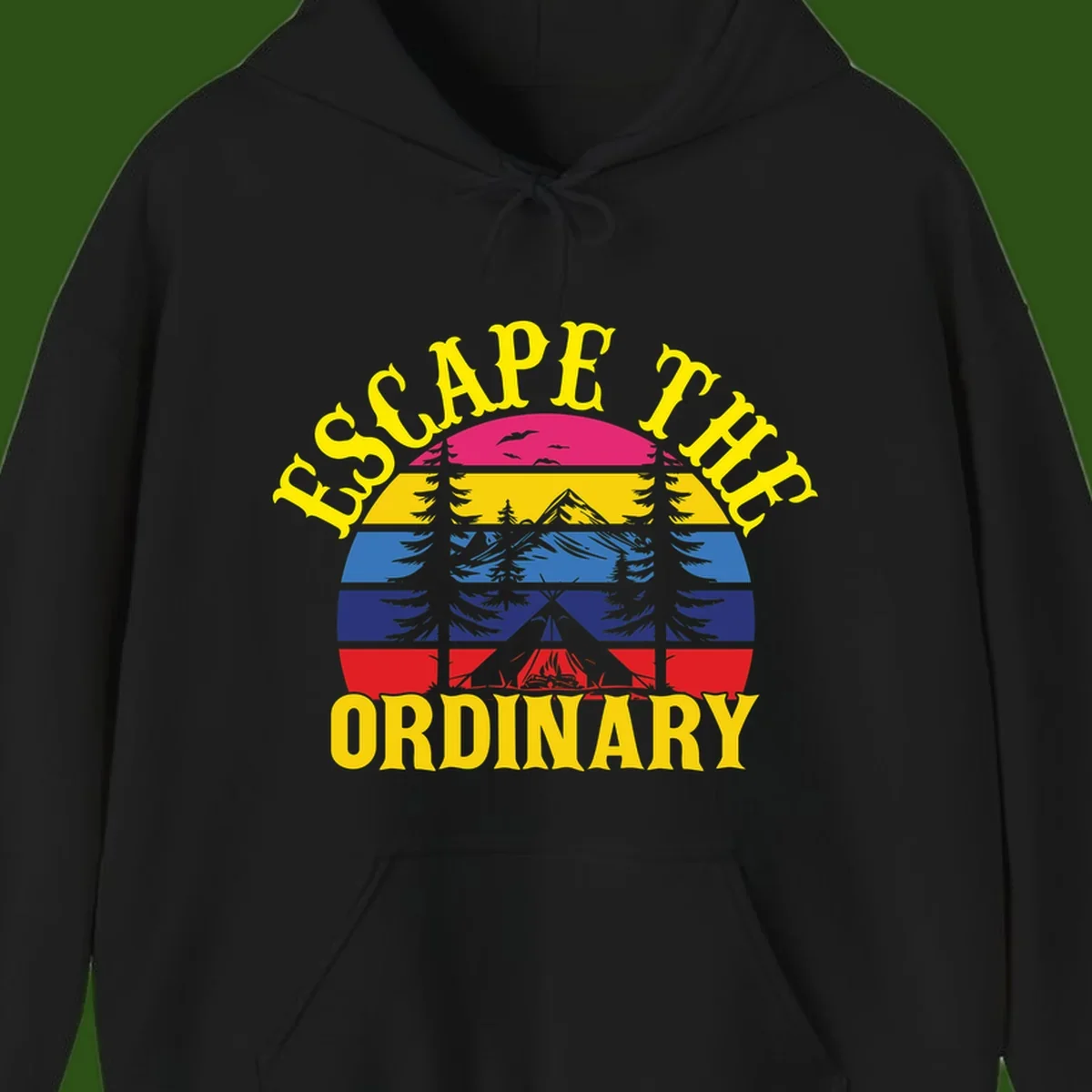 Safe Thru Ordinary design featuring retro horizontal stripes with integrated mountain and forest landscape imagery