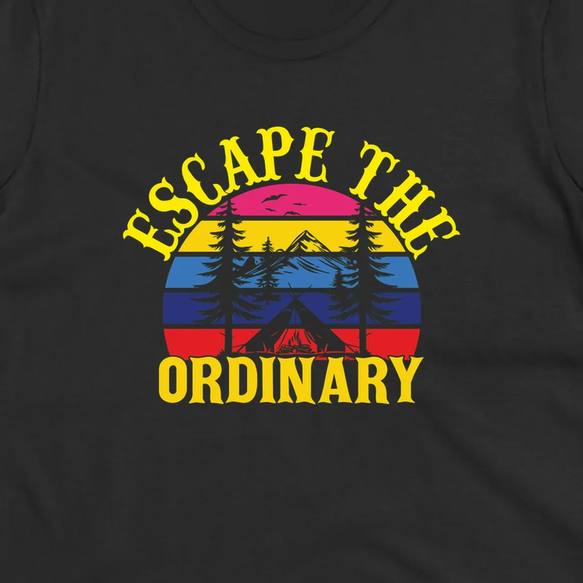 Safe Thru Ordinary design featuring retro horizontal stripes with integrated mountain and forest landscape imagery