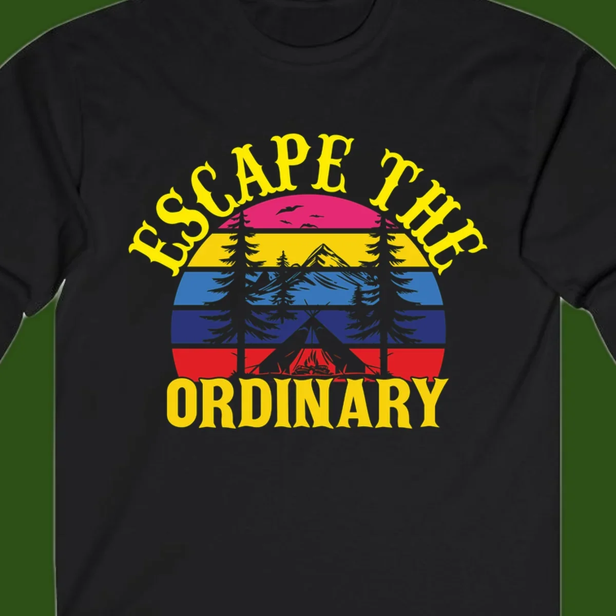 Safe Thru Ordinary design featuring retro horizontal stripes with integrated mountain and forest landscape imagery