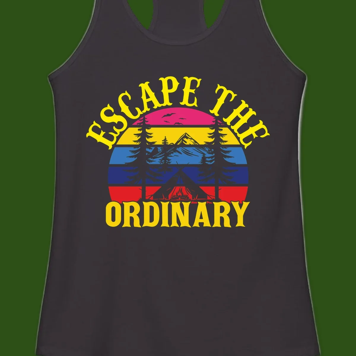 Safe Thru Ordinary design featuring retro horizontal stripes with integrated mountain and forest landscape imagery