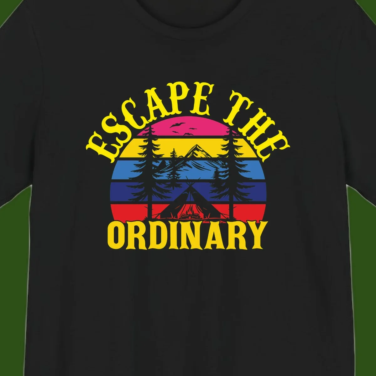 Safe Thru Ordinary design featuring retro horizontal stripes with integrated mountain and forest landscape imagery