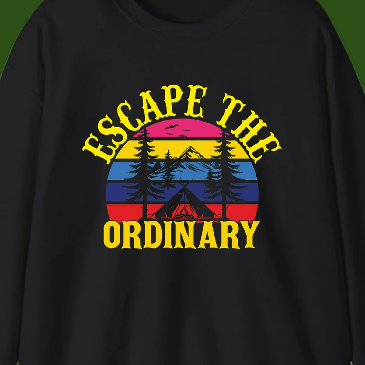 Safe Thru Ordinary design featuring retro horizontal stripes with integrated mountain and forest landscape imagery