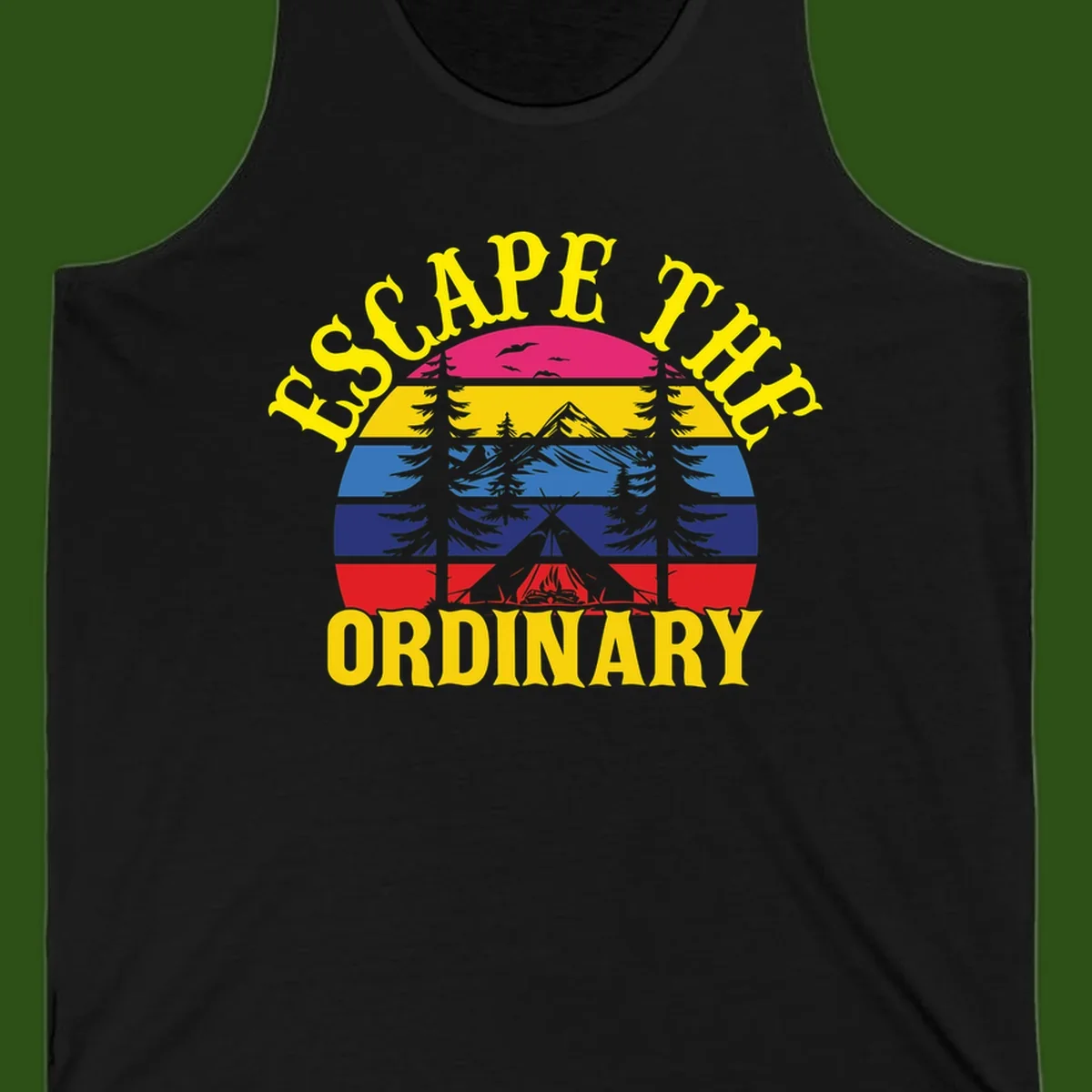Safe Thru Ordinary design featuring retro horizontal stripes with integrated mountain and forest landscape imagery