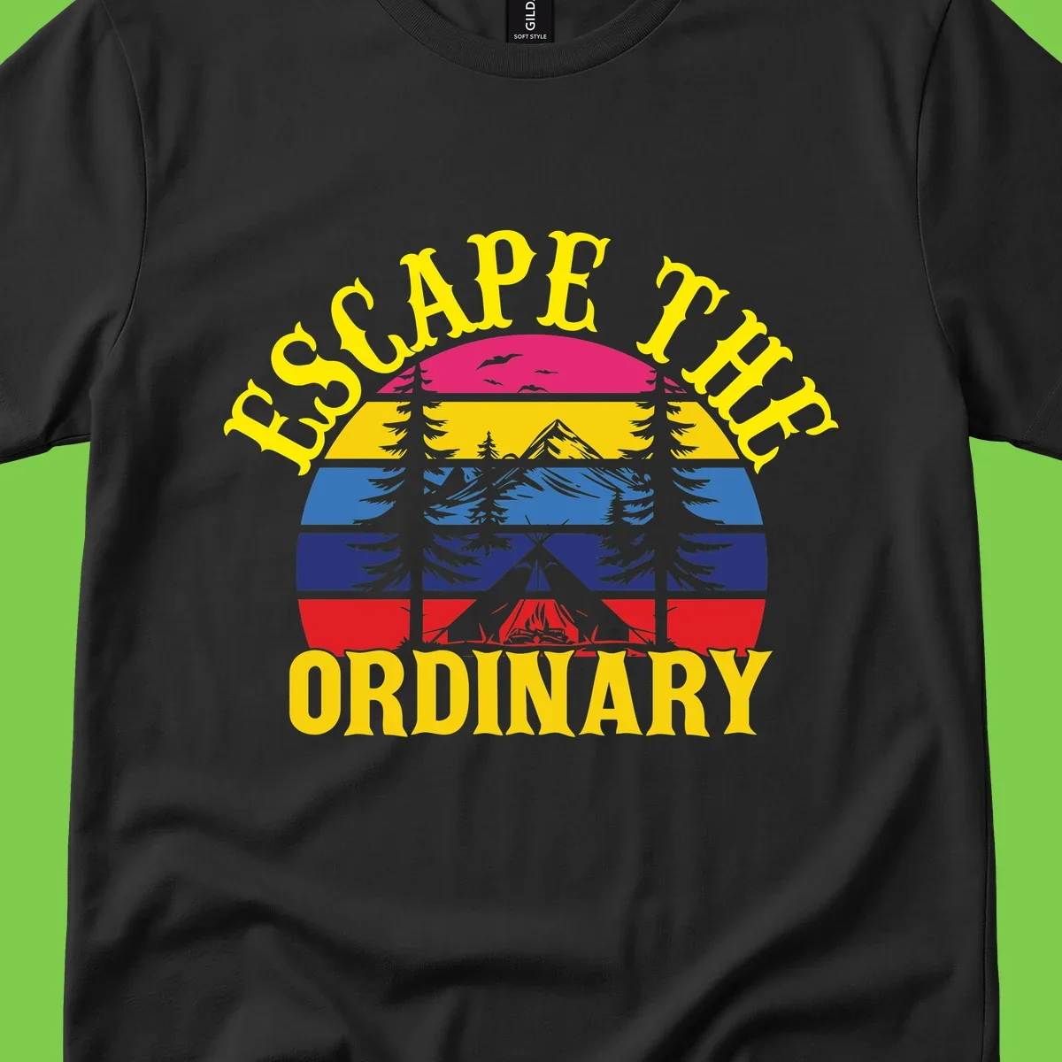 Safe Thru Ordinary design featuring retro horizontal stripes with integrated mountain and forest landscape imagery