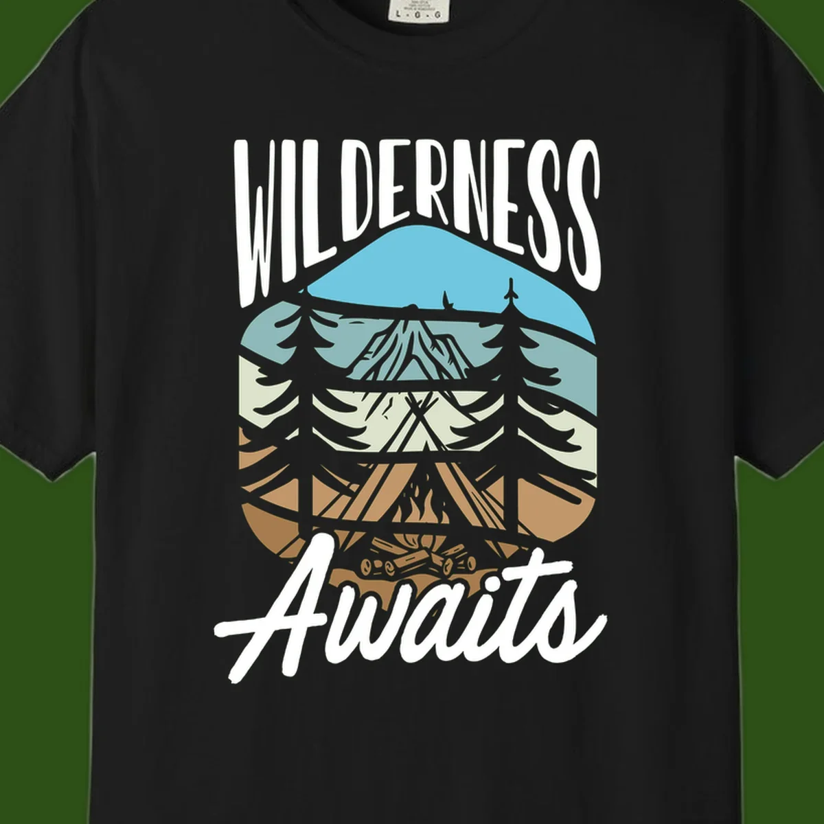 Wilderness awaits layered design showing mountain, forest, and underground ecosystem cross-section with white text.