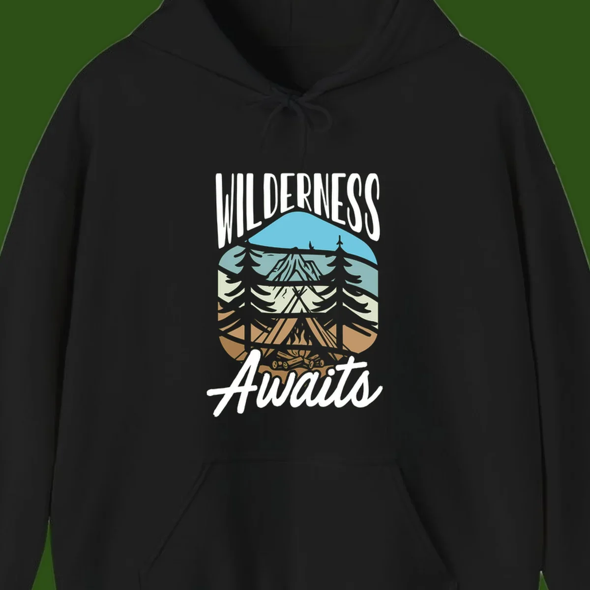 Wilderness awaits layered design showing mountain, forest, and underground ecosystem cross-section with white text.