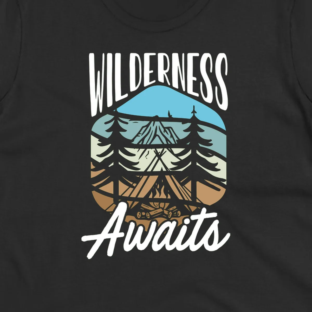 Wilderness awaits layered design showing mountain, forest, and underground ecosystem cross-section with white text.