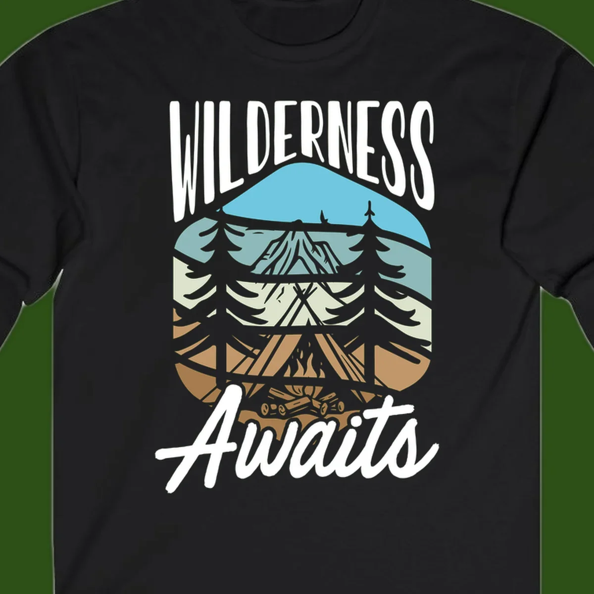Wilderness awaits layered design showing mountain, forest, and underground ecosystem cross-section with white text.