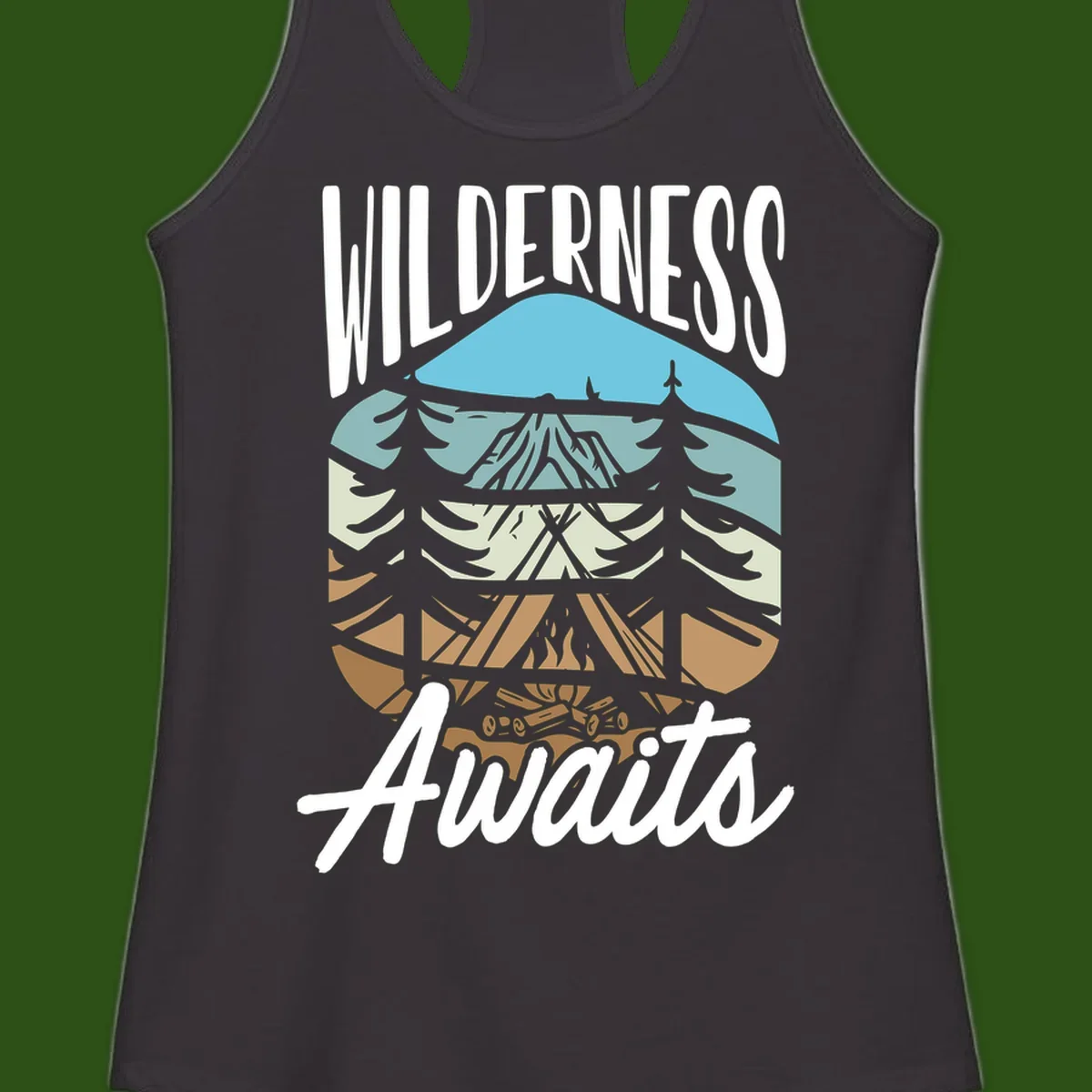 Wilderness awaits layered design showing mountain, forest, and underground ecosystem cross-section with white text.