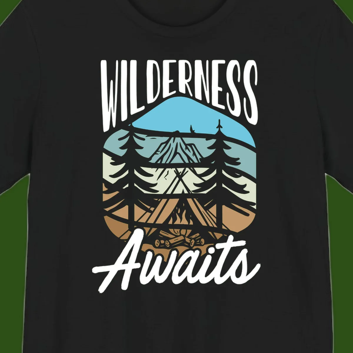 Wilderness awaits layered design showing mountain, forest, and underground ecosystem cross-section with white text.