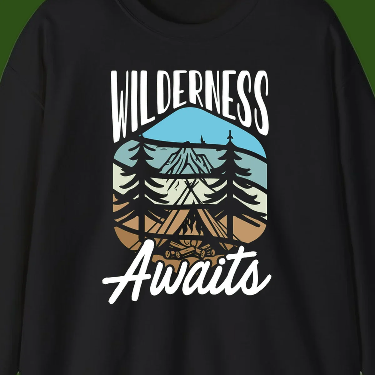 Wilderness awaits layered design showing mountain, forest, and underground ecosystem cross-section with white text.