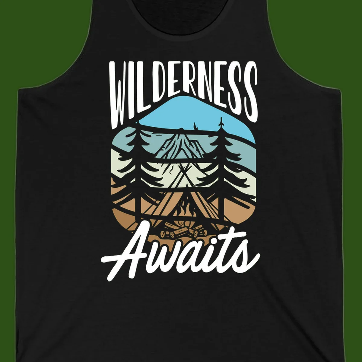 Wilderness awaits layered design showing mountain, forest, and underground ecosystem cross-section with white text.