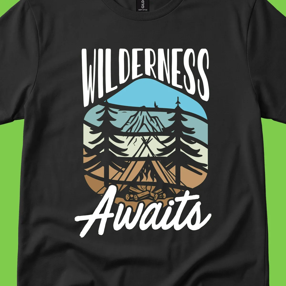 Wilderness awaits layered design showing mountain, forest, and underground ecosystem cross-section with white text.