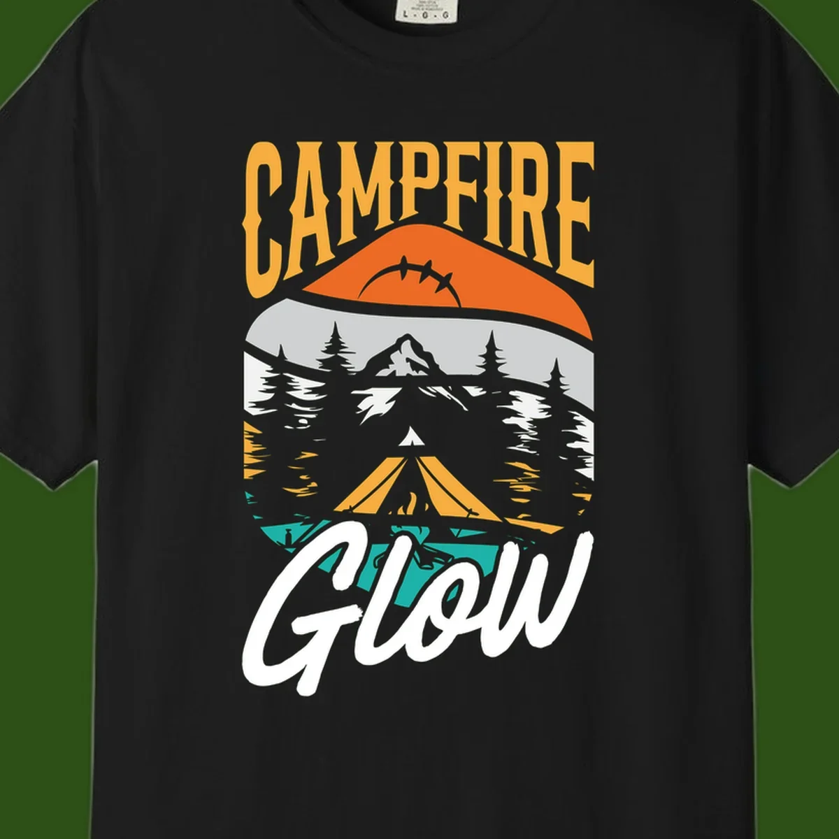 Campfire glow camping design with tent, mountain, pine trees and sunset illustration in orange, gold and teal colors