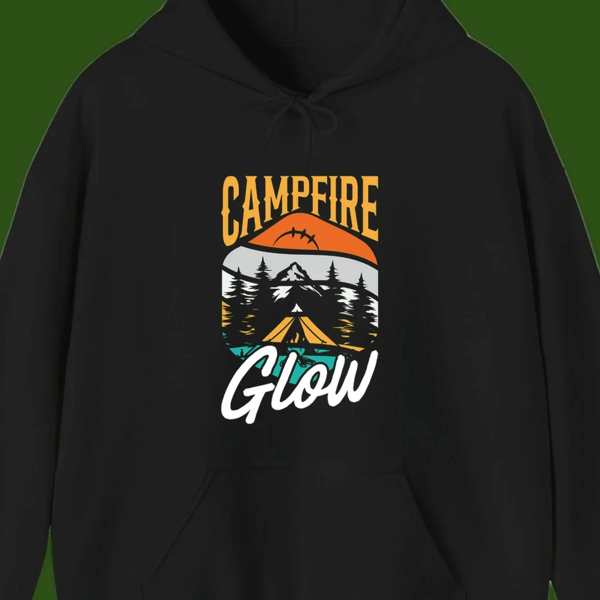 Campfire glow camping design with tent, mountain, pine trees and sunset illustration in orange, gold and teal colors