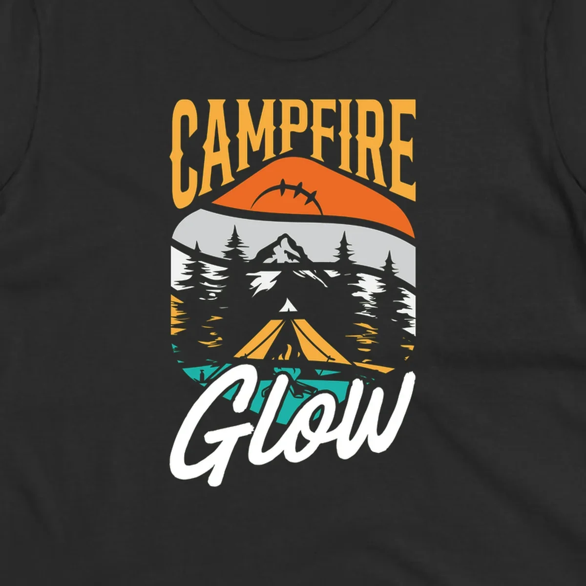 Campfire glow camping design with tent, mountain, pine trees and sunset illustration in orange, gold and teal colors