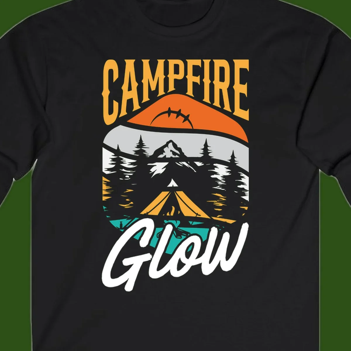 Campfire glow camping design with tent, mountain, pine trees and sunset illustration in orange, gold and teal colors
