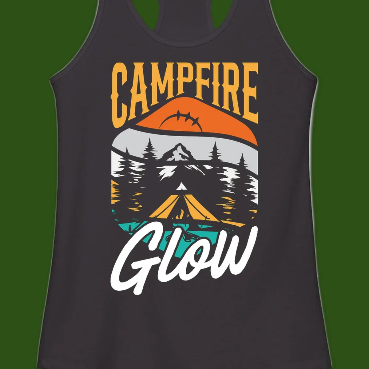 Campfire glow camping design with tent, mountain, pine trees and sunset illustration in orange, gold and teal colors