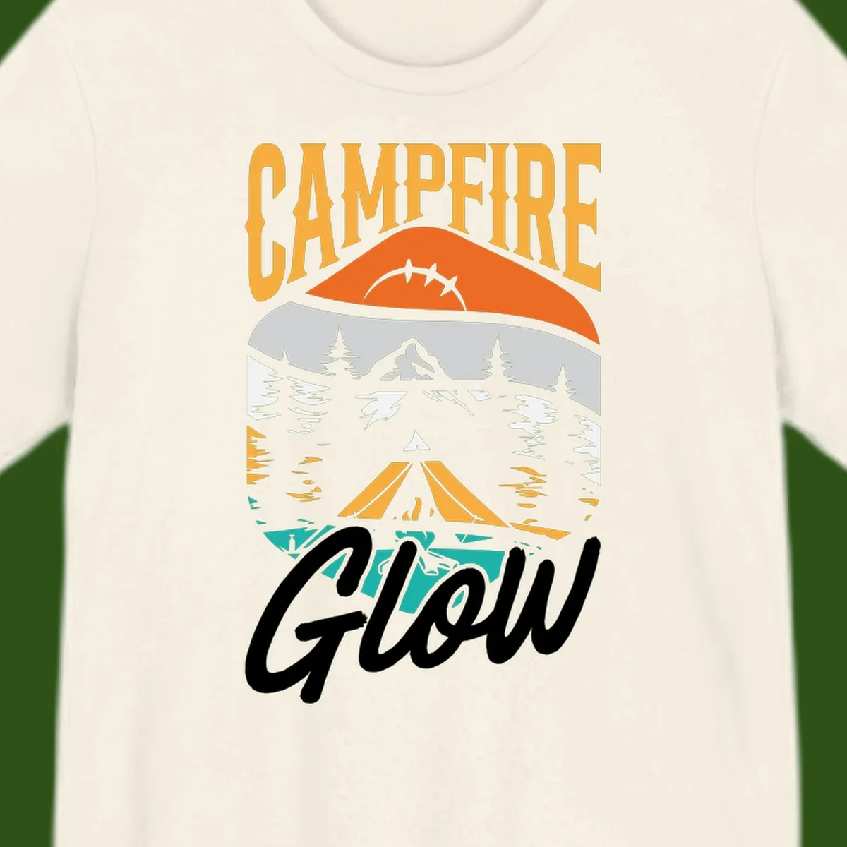 Campfire glow camping design with tent, mountain, pine trees and sunset illustration in orange, gold and teal colors