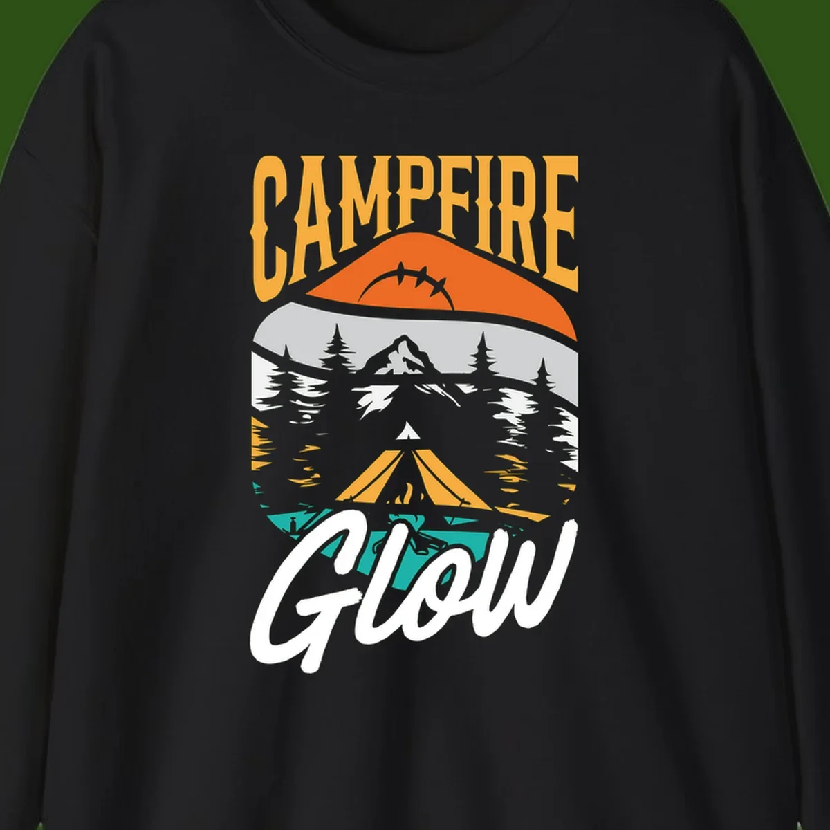 Campfire glow camping design with tent, mountain, pine trees and sunset illustration in orange, gold and teal colors