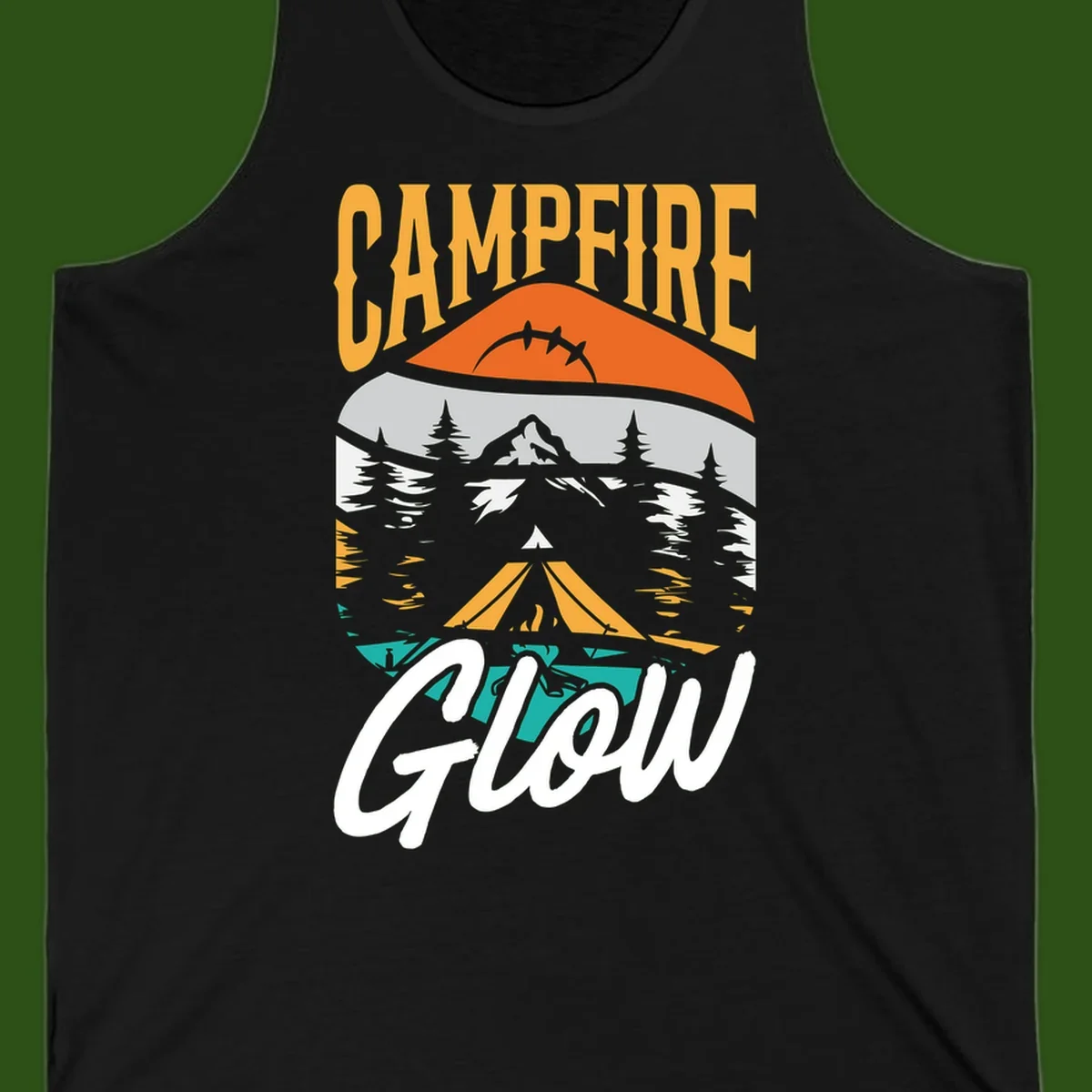 Campfire glow camping design with tent, mountain, pine trees and sunset illustration in orange, gold and teal colors