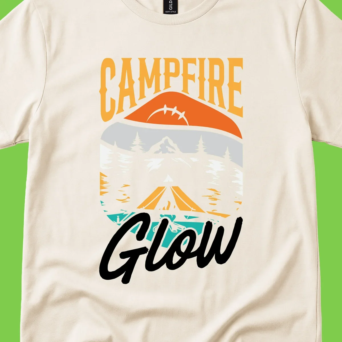 Campfire glow camping design with tent, mountain, pine trees and sunset illustration in orange, gold and teal colors