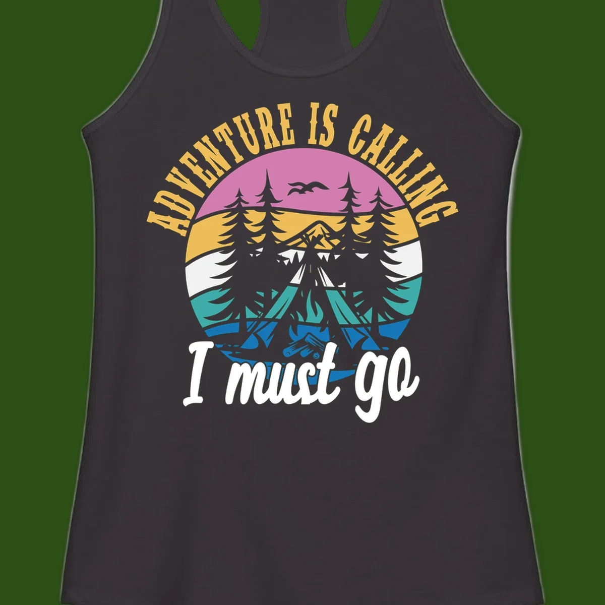 Circular badge with mountain landscape, evergreen trees, and flying birds in pink, gold, white, teal and blue with text 'Adventure Is Calling I Must Go'