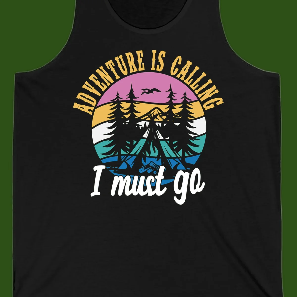 Circular badge with mountain landscape, evergreen trees, and flying birds in pink, gold, white, teal and blue with text 'Adventure Is Calling I Must Go'
