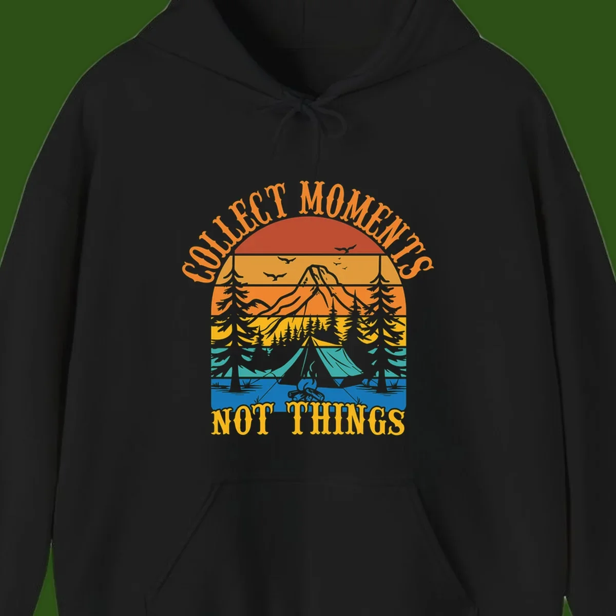 Retro layered landscape showing sunset, mountains, forest, tent and campfire with 'Quiet Mornings Not Things' text