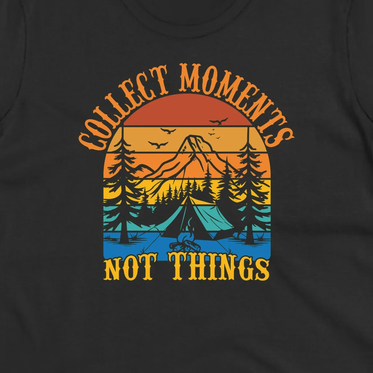 Retro layered landscape showing sunset, mountains, forest, tent and campfire with 'Quiet Mornings Not Things' text
