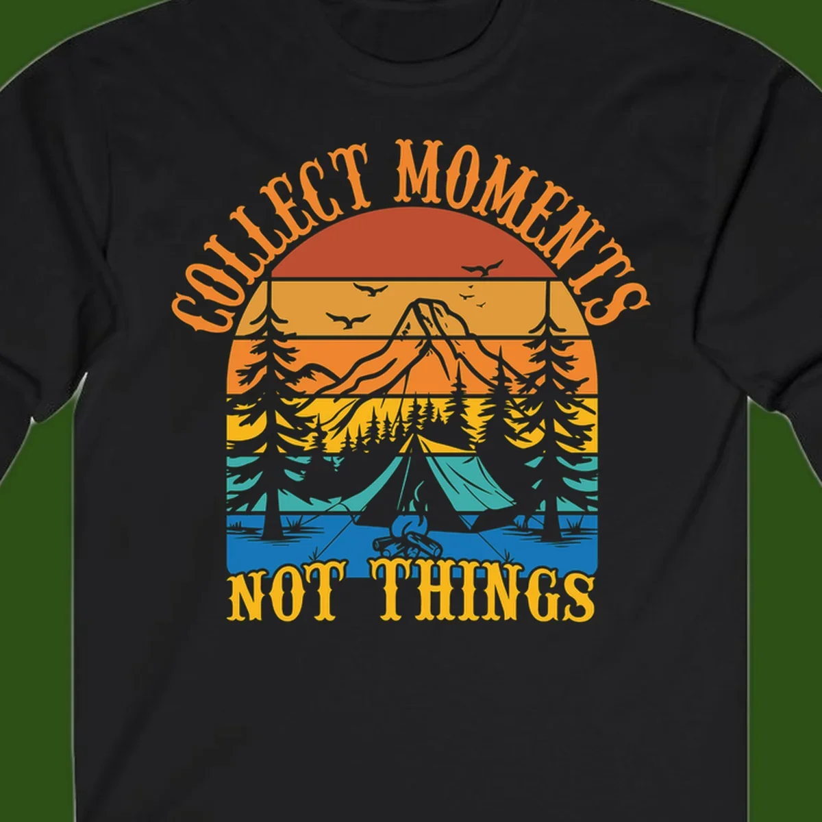 Retro layered landscape showing sunset, mountains, forest, tent and campfire with 'Quiet Mornings Not Things' text