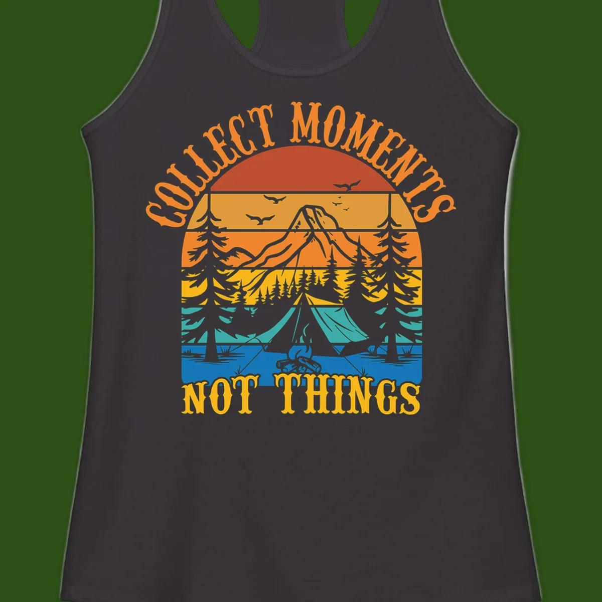 Retro layered landscape showing sunset, mountains, forest, tent and campfire with 'Quiet Mornings Not Things' text