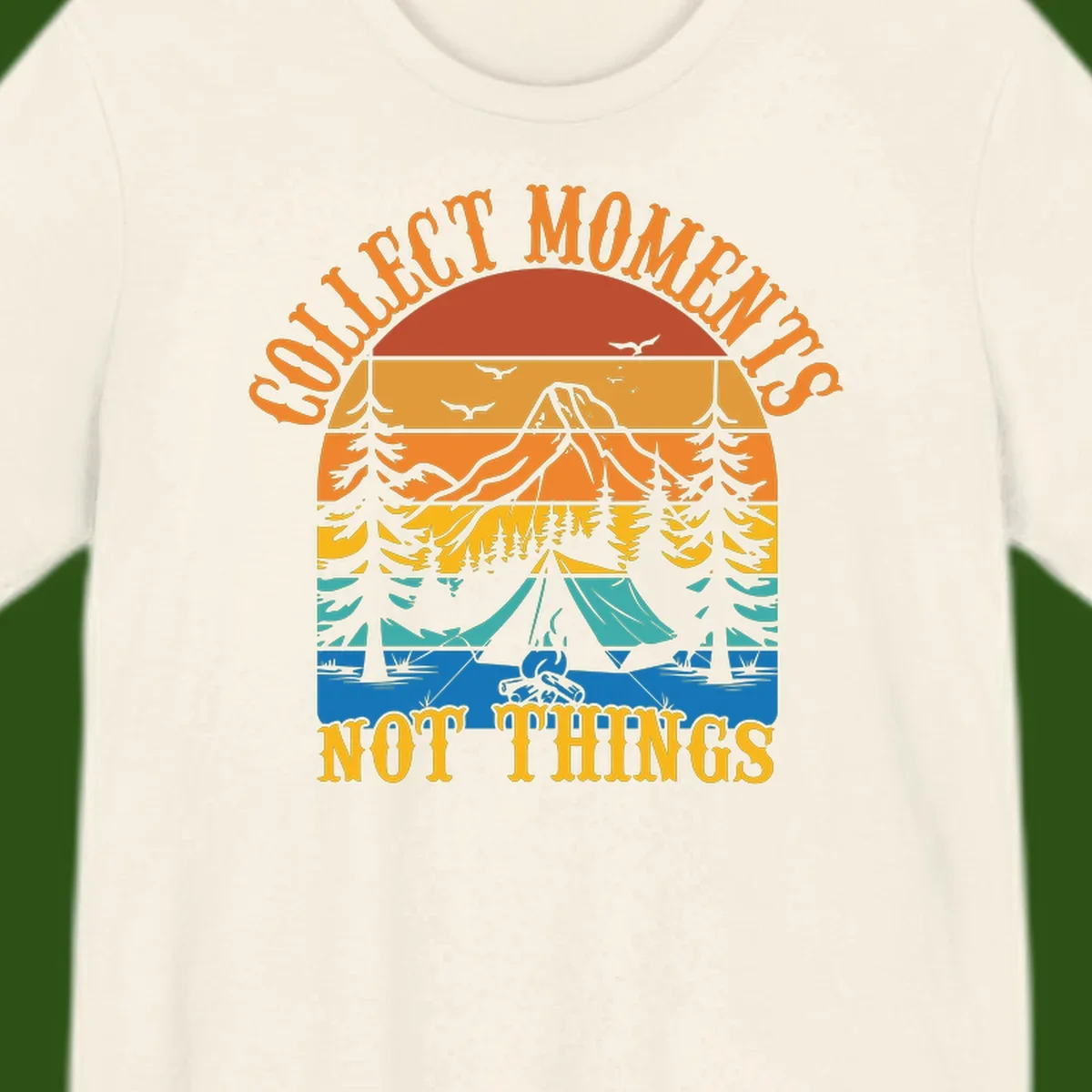 Retro layered landscape showing sunset, mountains, forest, tent and campfire with 'Quiet Mornings Not Things' text
