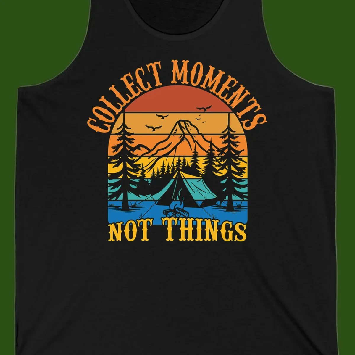 Retro layered landscape showing sunset, mountains, forest, tent and campfire with 'Quiet Mornings Not Things' text