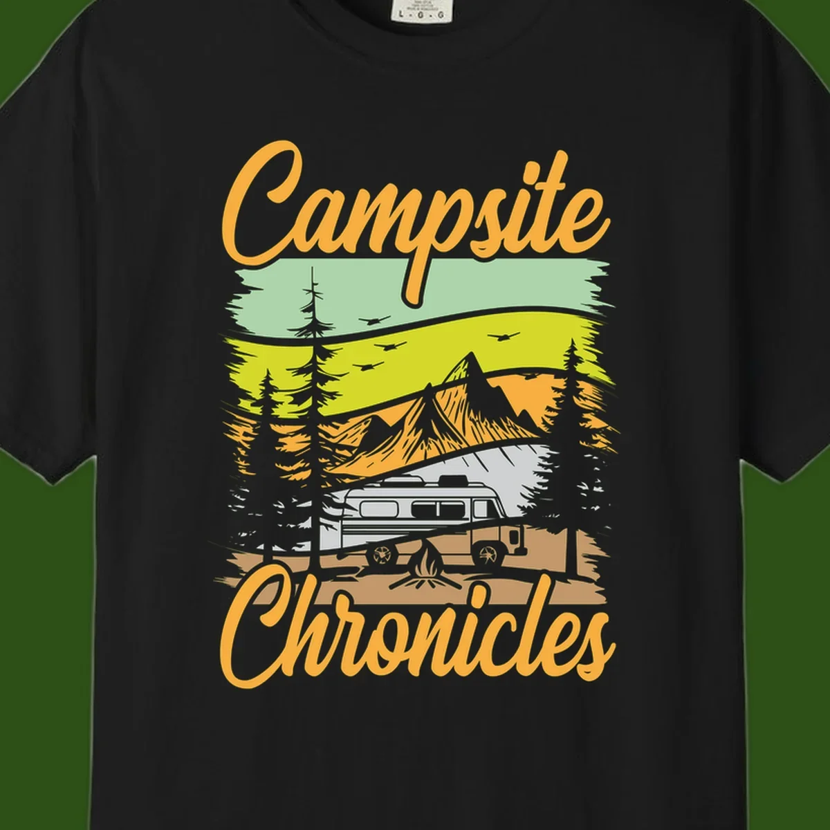 Retro layered landscape illustration with campsite chronicles camping van, mountains, forest, and campfire in warm earth tones.