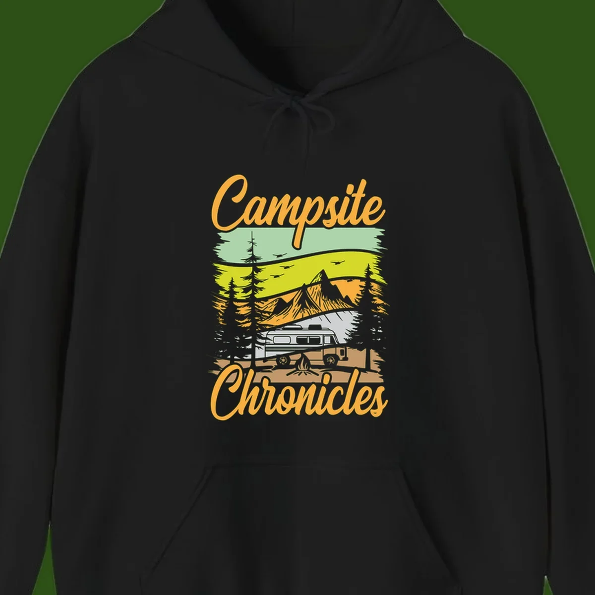 Retro layered landscape illustration with campsite chronicles camping van, mountains, forest, and campfire in warm earth tones.