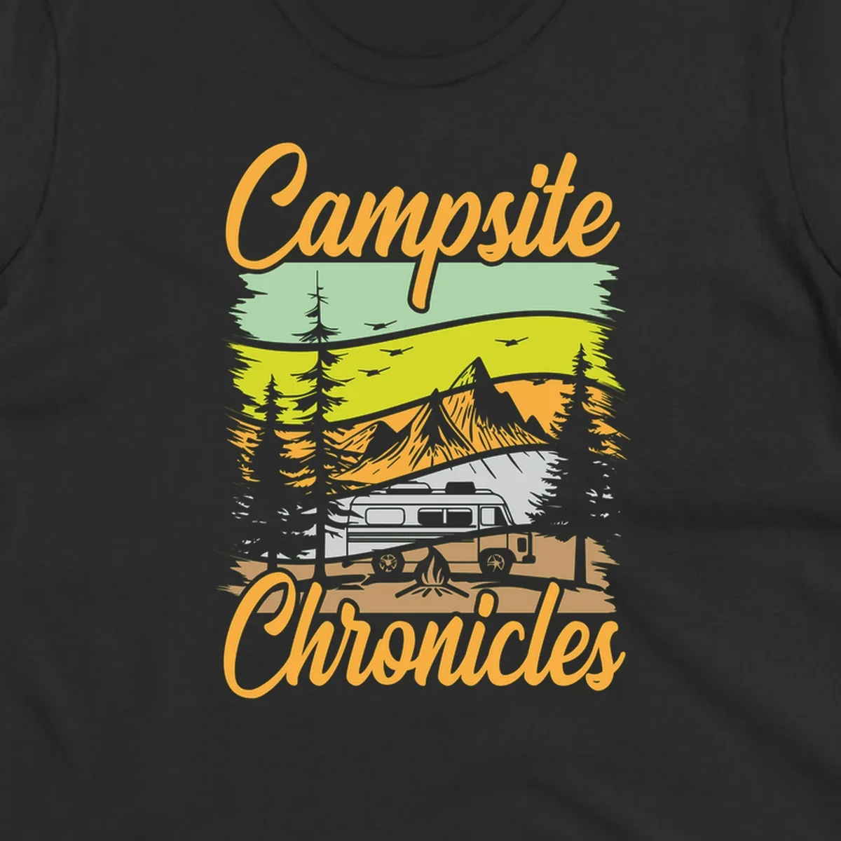 Retro layered landscape illustration with campsite chronicles camping van, mountains, forest, and campfire in warm earth tones.