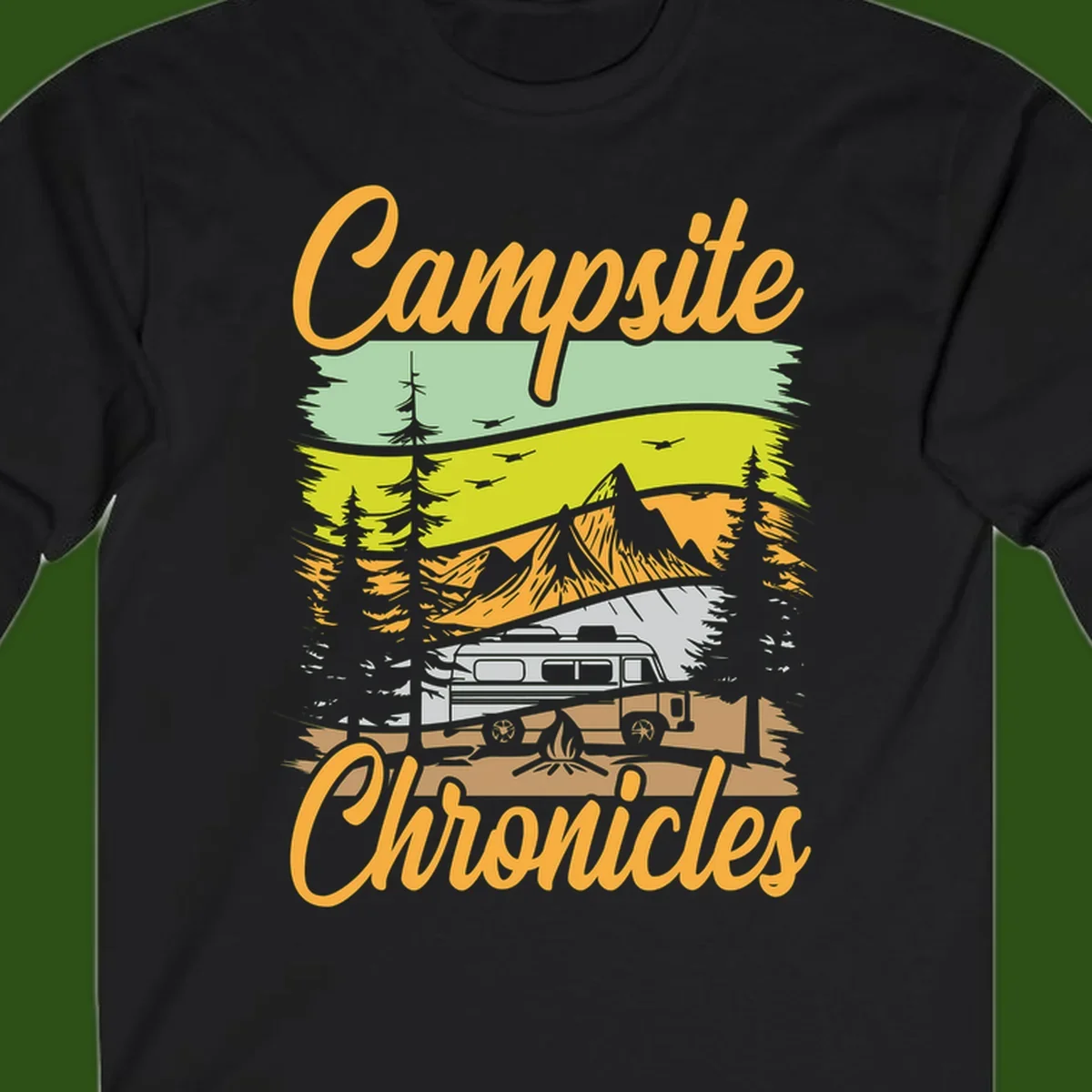 Retro layered landscape illustration with campsite chronicles camping van, mountains, forest, and campfire in warm earth tones.