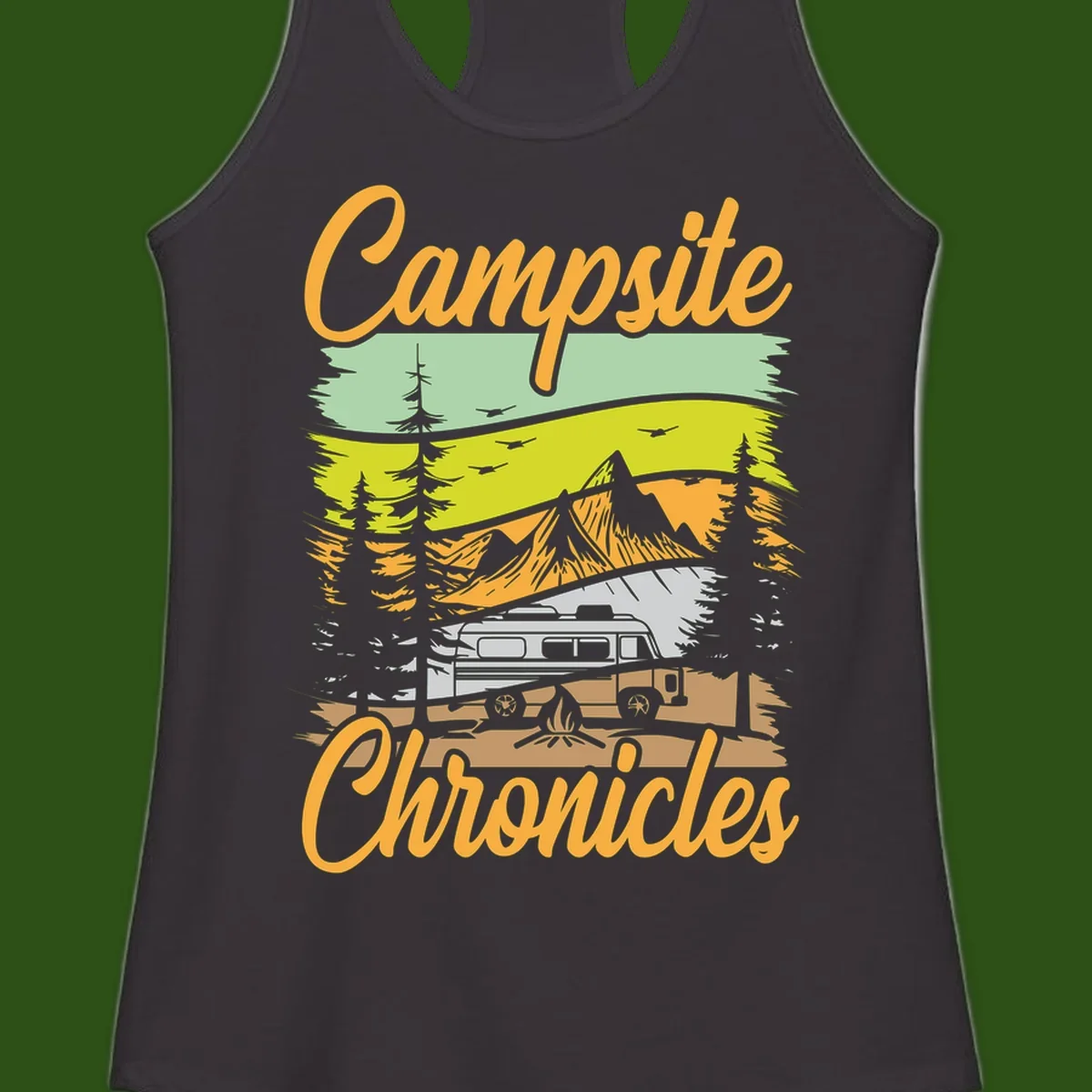 Retro layered landscape illustration with campsite chronicles camping van, mountains, forest, and campfire in warm earth tones.
