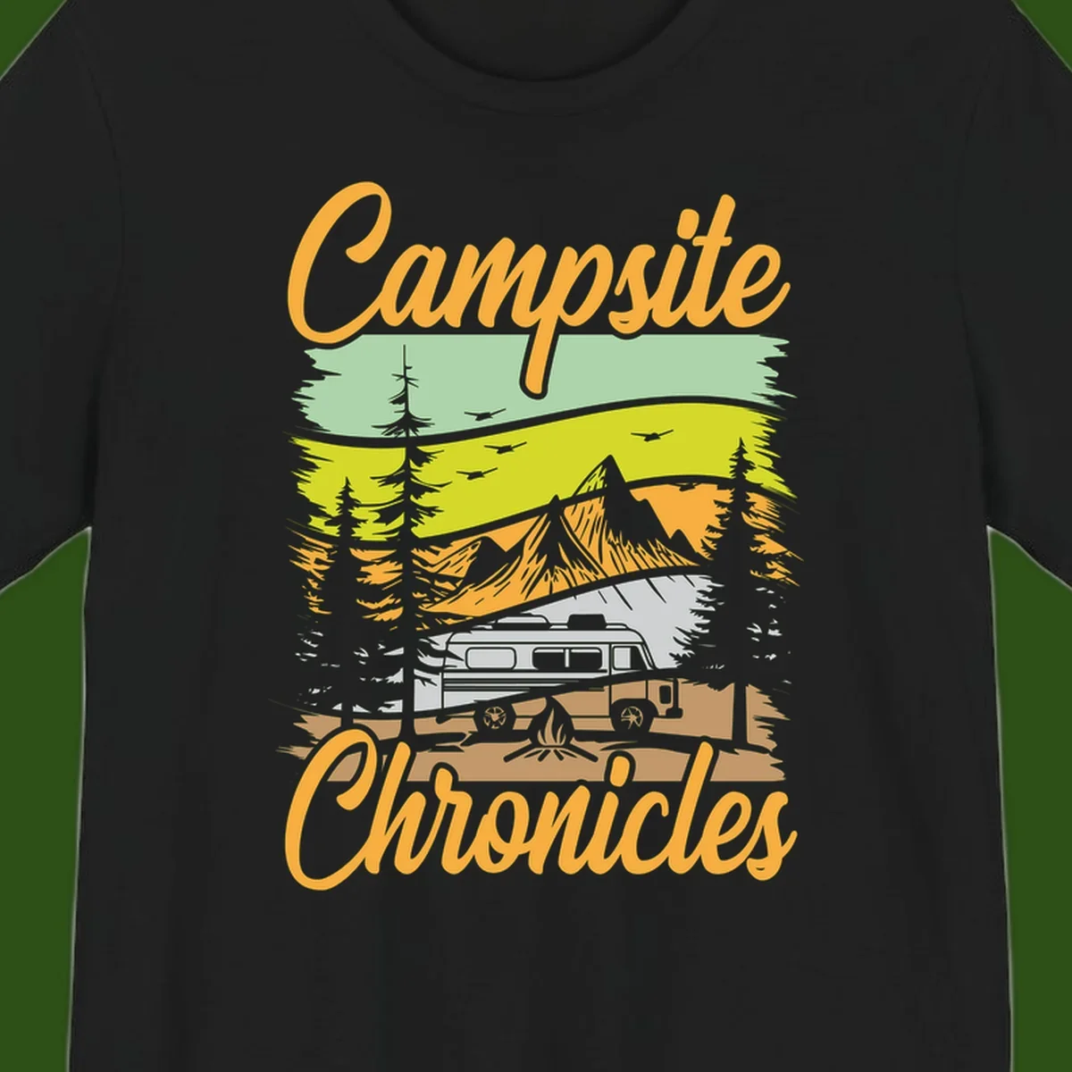 Retro layered landscape illustration with campsite chronicles camping van, mountains, forest, and campfire in warm earth tones.