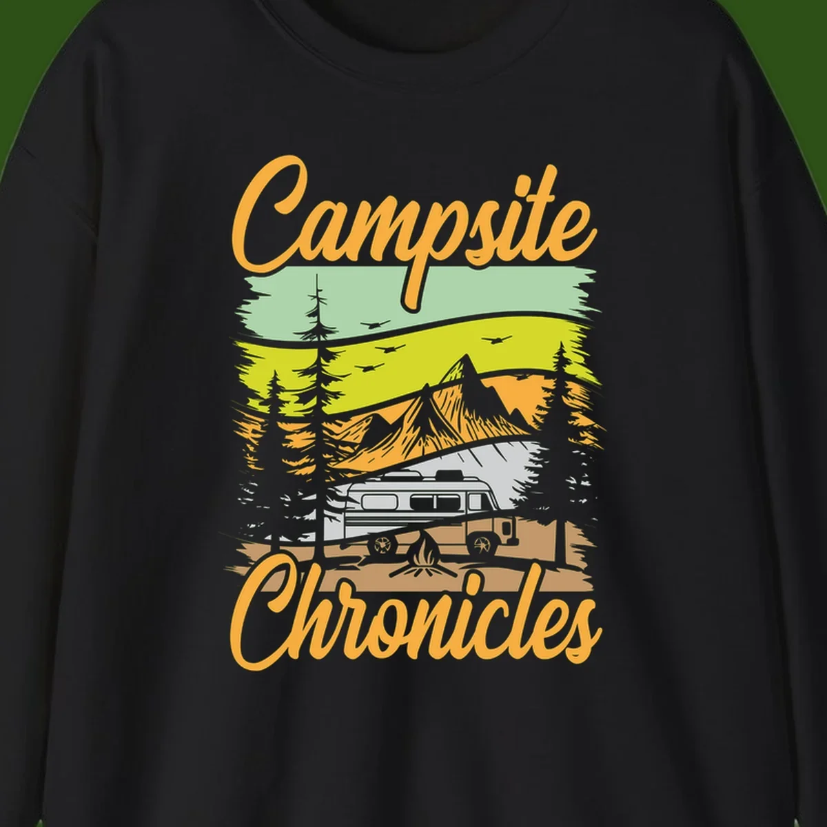 Retro layered landscape illustration with campsite chronicles camping van, mountains, forest, and campfire in warm earth tones.
