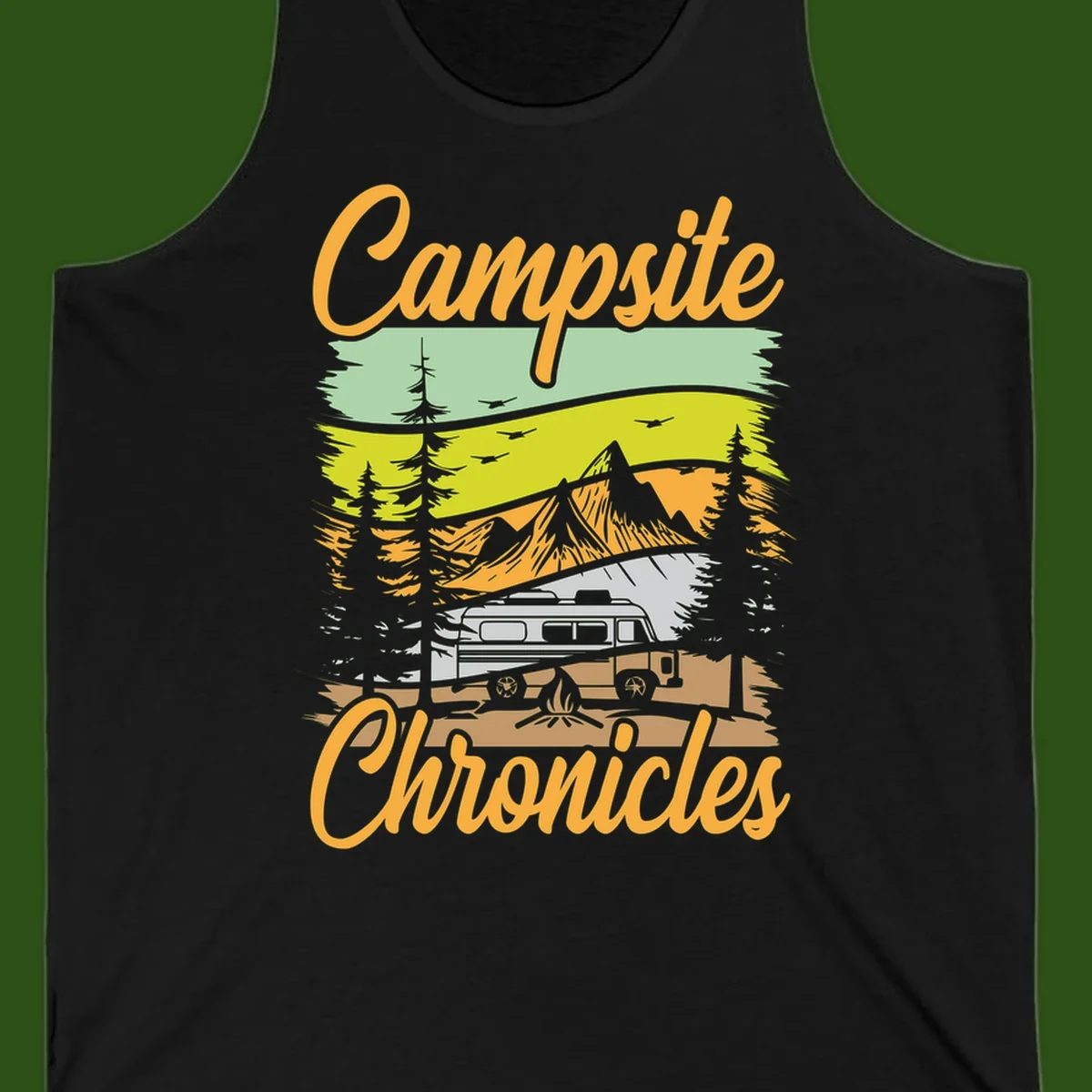 Retro layered landscape illustration with campsite chronicles camping van, mountains, forest, and campfire in warm earth tones.
