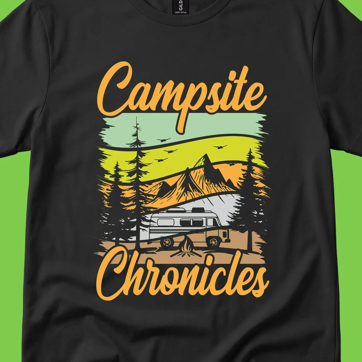 Retro layered landscape illustration with campsite chronicles camping van, mountains, forest, and campfire in warm earth tones.