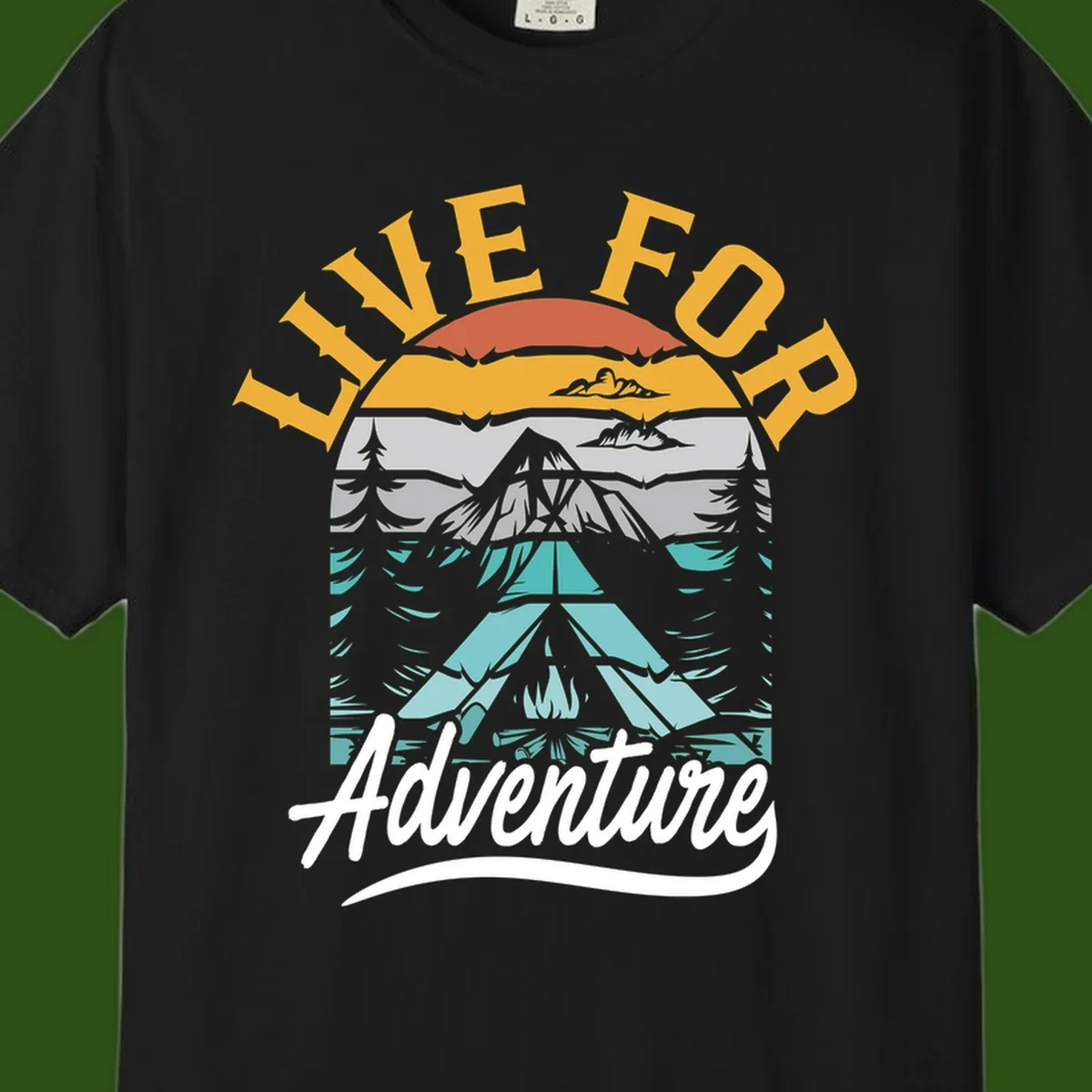 Live for adventure mountain landscape design with layered peaks, camping tent, forests, and golden sun rays.