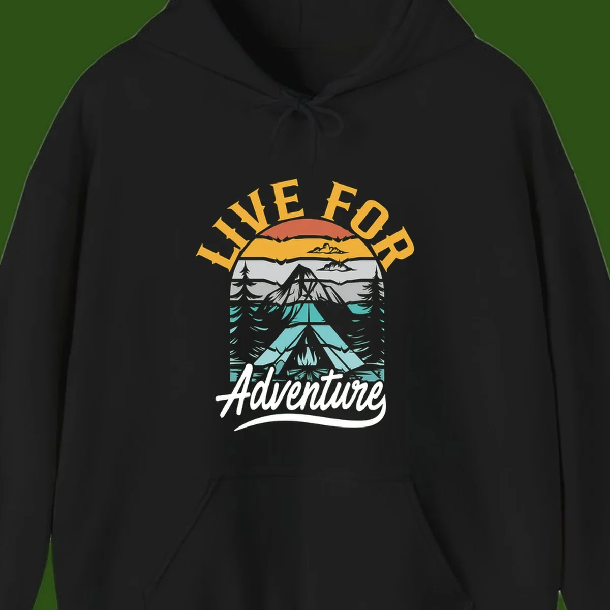 Live for adventure mountain landscape design with layered peaks, camping tent, forests, and golden sun rays.