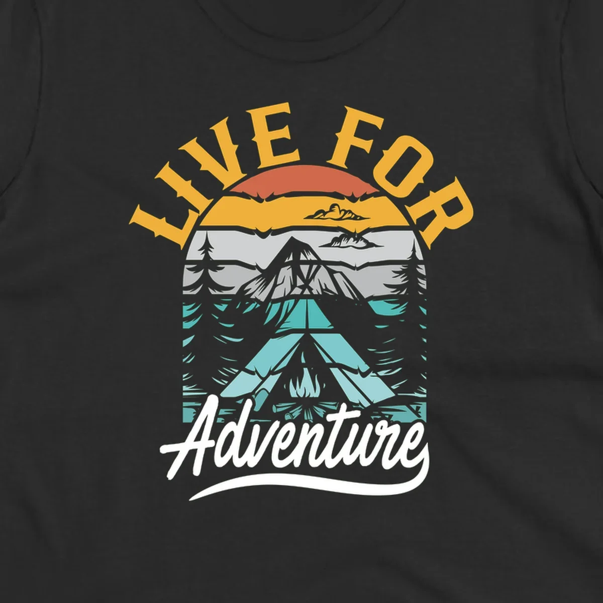 Live for adventure mountain landscape design with layered peaks, camping tent, forests, and golden sun rays.